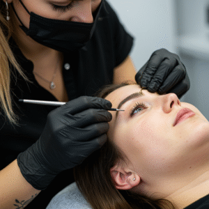 Esthetician applying henna tint to define and shape client’s brows at LashLuv Beauty Bar in Bothell WA – serving clients from Kenmore, Woodinville, and Mill Creek