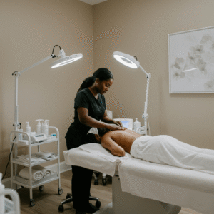 Client receiving an exfoliating back facial in a private treatment room at LashLuv Beauty Bar in Bothell WA – trusted by clients from Woodinville and Kirkland 