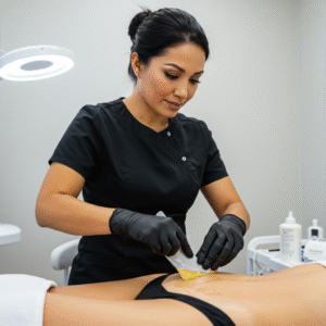Esthetician performing a Brazilian wax in a private treatment room at LashLuv Beauty Bar in Bothell WA – serving clients from Kenmore, Woodinville, and Mill Creek