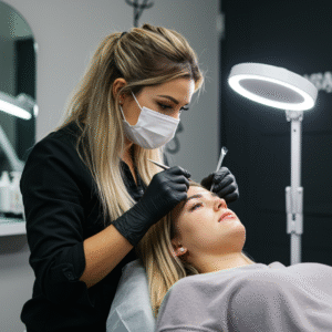 Esthetician applying eyebrow tint to enhance natural brow color at LashLuv Beauty Bar in Bothell WA – serving clients from Kenmore, Kirkland, and Mill Creek