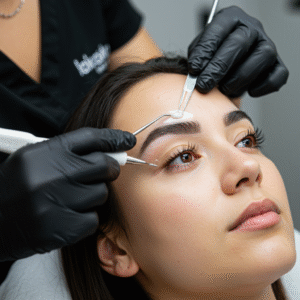 Esthetician shaping client’s eyebrows with precision waxing at LashLuv Beauty Bar in Bothell WA – serving Kenmore, Woodinville, and Mill Creek