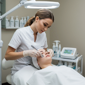 Esthetician performing a dermaplaning facial at LashLuv Beauty Bar in Bothell, WA, gently exfoliating a client’s skin for a smooth, radiant finish. 