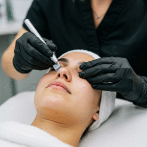 Close-up of a dermaplaning treatment in progress at a Bothell, WA skincare studio, removing dead skin and peach fuzz for improved texture and glow.