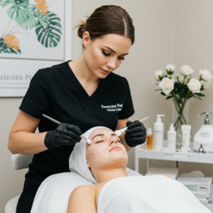Close-up of enzyme peel application during a facial at LashLuv Beauty Bar, Bothell, WA, helping to remove dead skin and improve skin texture.