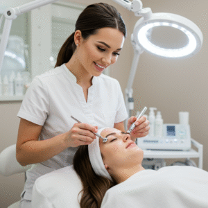Licensed esthetician assessing client’s skin before a customized facial at LashLuv Beauty Bar in Bothell WA – trusted by clients from Kirkland and Lynnwood