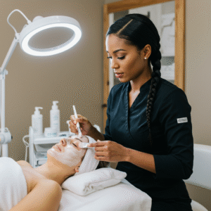 Client receiving a relaxing, skin-specific facial in a private treatment room at LashLuv Beauty Bar in Bothell WA – welcoming clients from Woodinville and surrounding areas