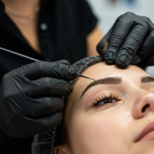 Close-up of esthetician carefully shaping henna brows for a fuller, natural look at LashLuv Beauty Bar in Bothell WA – trusted by clients from Lynnwood and Kirkland