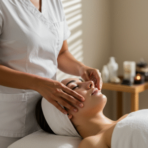 Client receiving a relaxing hot stone facial at LashLuv Beauty Bar in Bothell, WA, combining warmth and skincare for deep relaxation and glow.