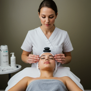 Close-up of smooth hot stones placed on the face during a facial treatment at a Bothell skincare studio, easing tension and promoting circulation.