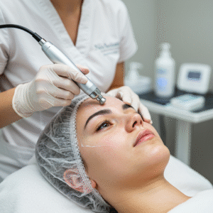 Skincare professional using a microdermabrasion device during a facial at LashLuv Beauty Bar in Bothell, targeting clogged pores and uneven skin.