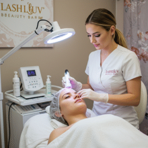 Client receiving an LED light therapy facial at LashLuv Beauty Bar in Bothell, WA, targeting acne and boosting collagen production.