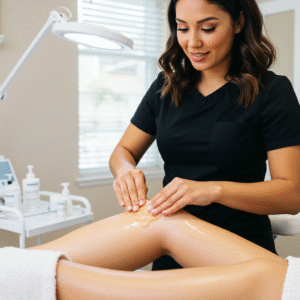 Esthetician using natural sugaring paste to remove hair during treatment at LashLuv Beauty Bar in Bothell WA – serving Kenmore, Mill Creek, and Woodinville 