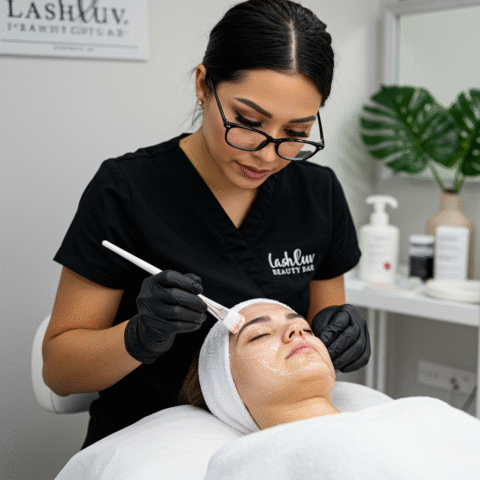 enzyme peel Esthetician performing an enzyme peel facial treatment at LashLuv Beauty Bar in Bothell, WA, gently exfoliating client’s skin for a fresh, glowing complexion.