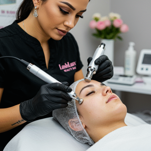 image (5) Esthetician performing a microdermabrasion facial at LashLuv Beauty Bar in Bothell, WA, gently exfoliating a client’s skin to improve texture and tone.