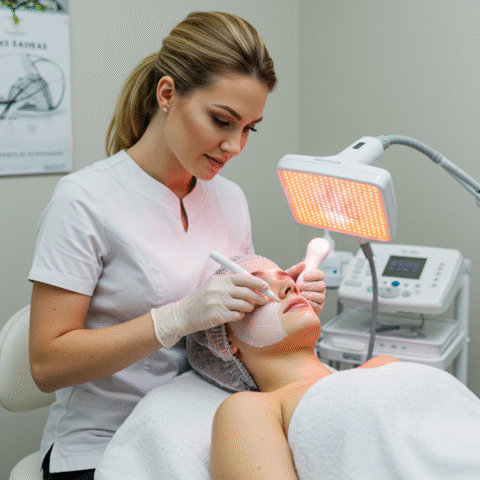 led light facial4 Close-up of LED facial mask treatment in progress at a Bothell skincare studio, improving skin tone and reducing inflammation.